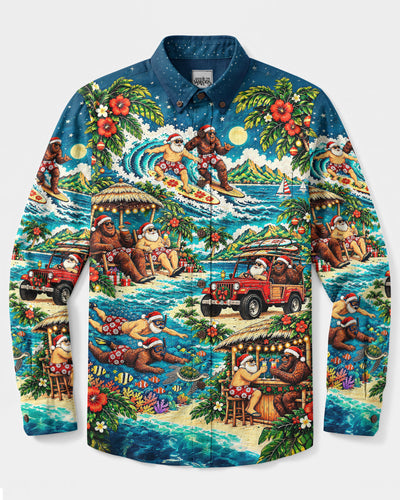 SANTA BIGFOOT TROPICAL CHRISTMAS LONG SLEEVE BUTTON-DOWN SHIRT - YHLN1410261