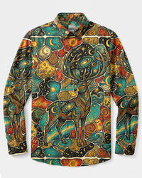 CELESTIAL STAG MOSAIC PATCHWORK LONG SLEEVE BUTTON-DOWN SHIRT - TYLN1709265