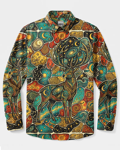 CELESTIAL STAG MOSAIC PATCHWORK LONG SLEEVE BUTTON-DOWN SHIRT - TYLN1709265
