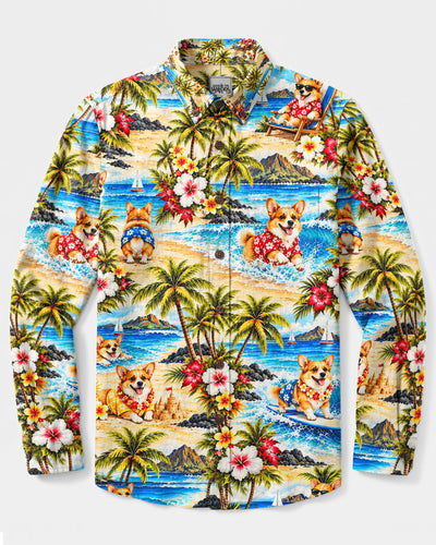 ALOHA CORGI PARADISE LONG SLEEVE BUTTON-DOWN SHIRT - YHLN2909261