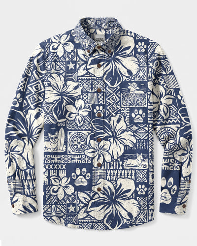 TRIBAL CORGI PATCHWORK GRID LONG SLEEVE BUTTON-DOWN SHIRT - TYLN2109263