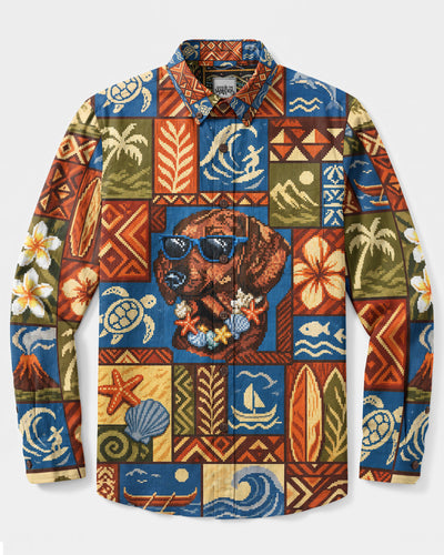 DACHSHUND DOG 8BIT ART TROPICAL PATCHWORK LONG SLEEVE BUTTON-DOWN SHIRT - TYLN1908265