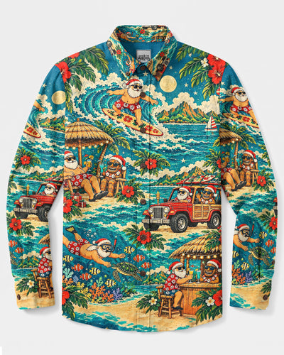SANTA TIKI TROPICAL CHRISTMAS LONG SLEEVE BUTTON-DOWN SHIRT - YHLN3009264