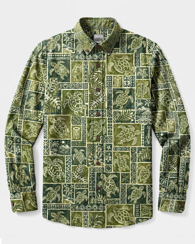TRIBAL OCEAN TURTLE PATCHWORK LONG SLEEVE BUTTON-DOWN SHIRT - TLHG2008269