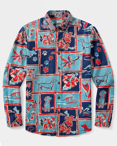 OCEAN BLUE DACHSHUND ADVENTURE PATCHWORK DOG LONG SLEEVE BUTTON-DOWN SHIRT - TYLN2508263