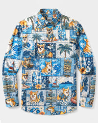 ALOHA CORGI DOG BEACH PATCHWORK LONG SLEEVE BUTTON-DOWN SHIRT - YHLN2209262