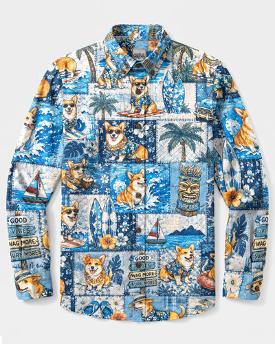 ALOHA CORGI DOG BEACH PATCHWORK LONG SLEEVE BUTTON-DOWN SHIRT - YHLN2209262
