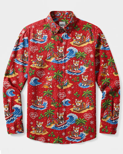 MERRY CORGMAS SURFING CORGI DOG CHRISTMAS LONG SLEEVE BUTTON-DOWN SHIRT - TYLN2108263