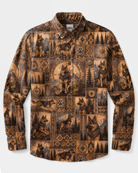 VINTAGE COMPASS GERMAN SHEPHERD DOG PATCHWORK LONG SLEEVE BUTTON-DOWN SHIRT - TLTW2508269