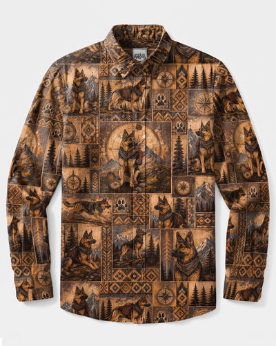 VINTAGE COMPASS GERMAN SHEPHERD DOG PATCHWORK LONG SLEEVE BUTTON-DOWN SHIRT - TLTW2508269