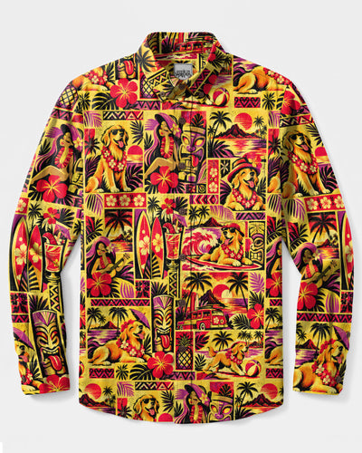 GOLDEN RETRIEVER DOG TIKI ISLAND  PATCHWORK LONG SLEEVE BUTTON-DOWN SHIRT - TLNO3009261