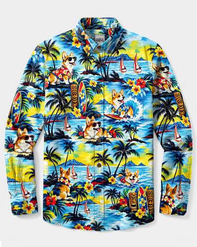CORGI DOG ISLAND PATTERN LONG SLEEVE BUTTON-DOWN SHIRT  - TLNO3009265