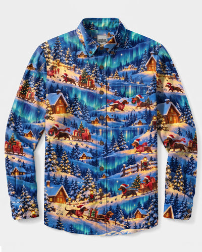 DACHSHUND DOG AURORA CHRISTMAS WONDERLAND LONG SLEEVE BUTTON-DOWN SHIRT  - TLNO0210261