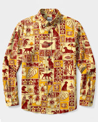 RETRO LABRADOR DOG LAGOON PATCHWORK LONG SLEEVE BUTTON-DOWN SHIRT - TLTW0409266