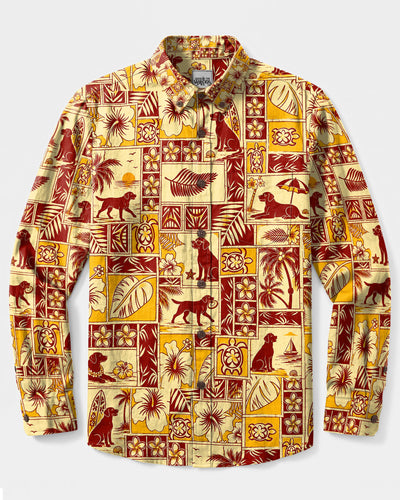 RETRO LABRADOR DOG LAGOON PATCHWORK LONG SLEEVE BUTTON-DOWN SHIRT - TLTW0409266