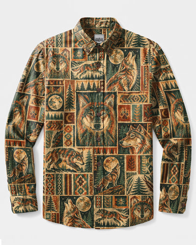 RUSTIC WILDERNESS WOLF PATCHWORK LONG SLEEVE BUTTON-DOWN SHIRT - TLTW2408269