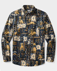 VINTAGE LABRADOR DOG LAGOON PATCHWORK LONG SLEEVE BUTTON-DOWN SHIRT - TLTW0309269