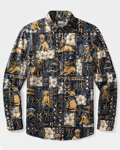 VINTAGE LABRADOR DOG LAGOON PATCHWORK LONG SLEEVE BUTTON-DOWN SHIRT - TLTW0309269