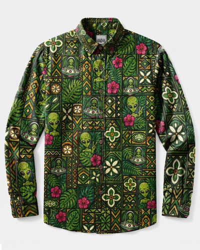 TRIBAL ALIEN UFO MOSAIC LONG SLEEVE BUTTON-DOWN SHIRT - TLNT2008266