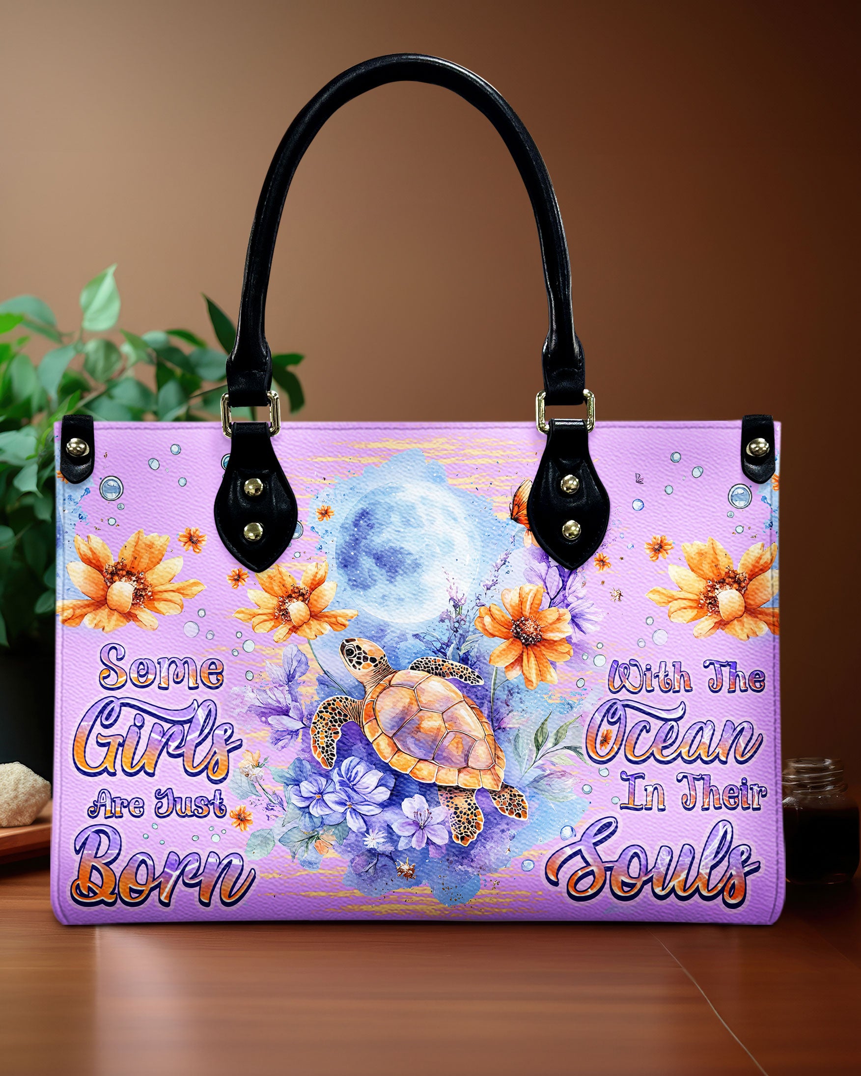 SOME GIRLS ARE JUST BORN TURLTE WATERCOLOR LEATHER HANDBAG - TLNZ1110245