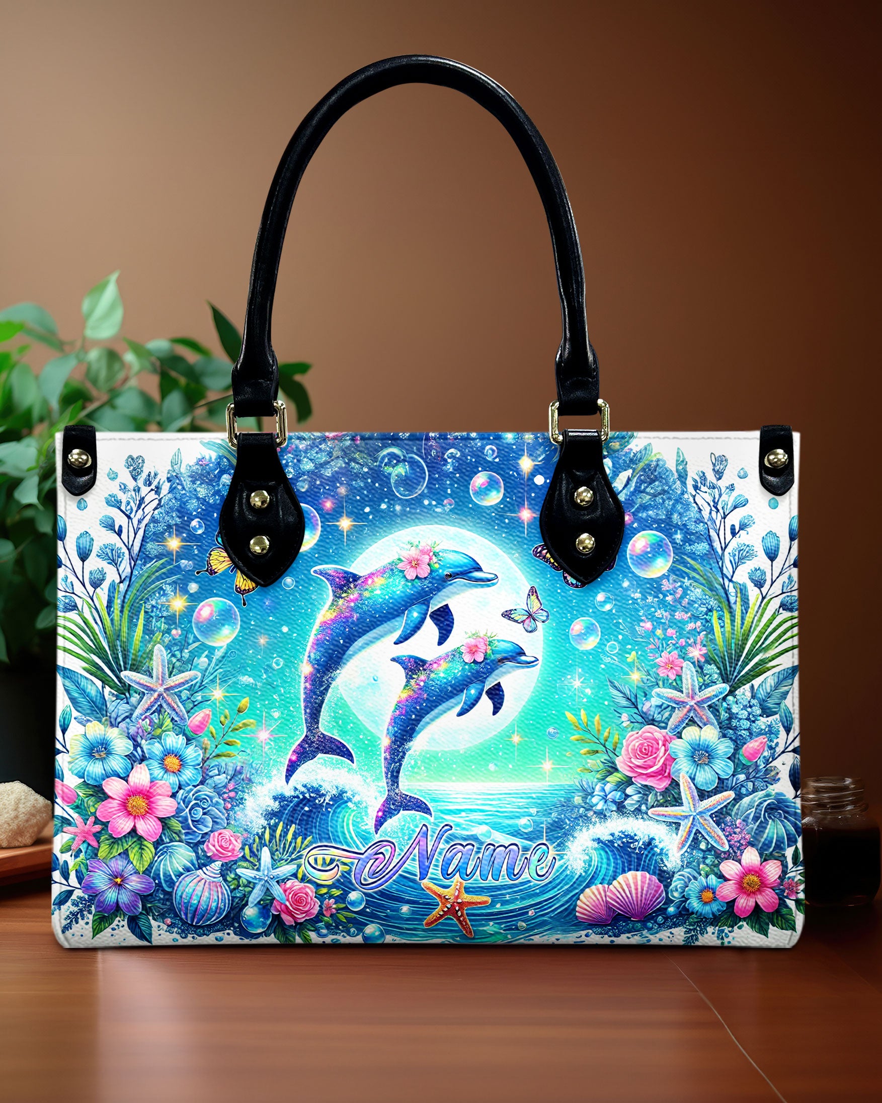 DOLPHIN MOON FLORAL LEATHER HANDBAG - TLNZ0507244