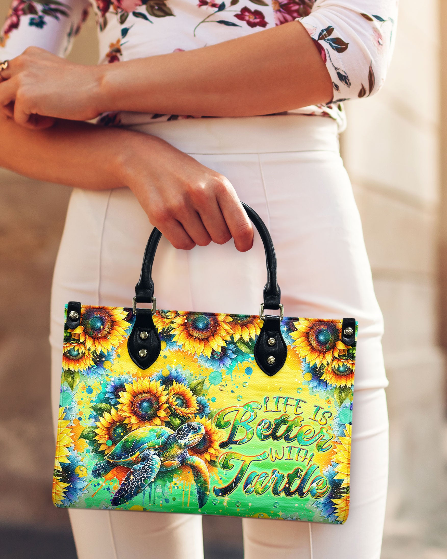 LIFE IS BETTER WITH TURTLE SUNFLOWER LEATHER HANDBAG - TLNT2108244