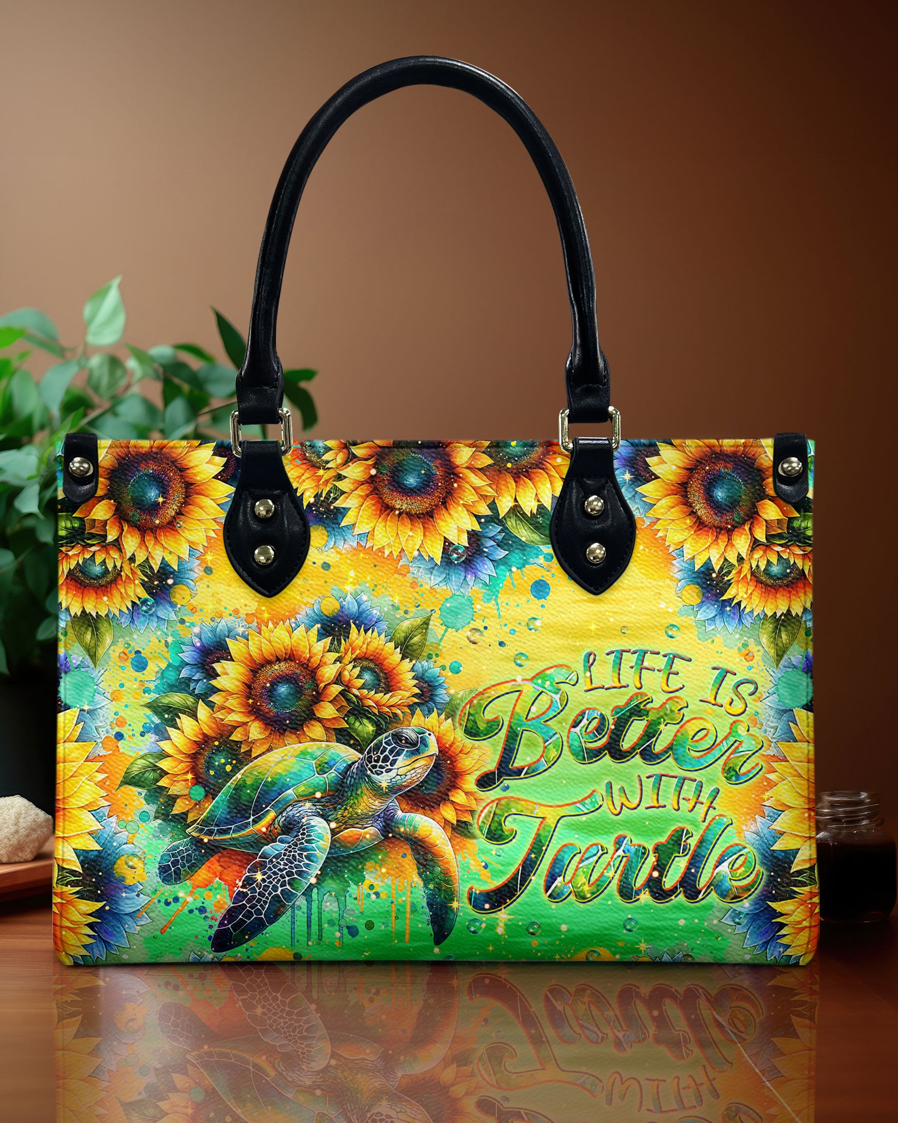 LIFE IS BETTER WITH TURTLE SUNFLOWER LEATHER HANDBAG - TLNT2108244