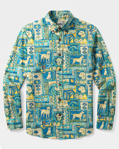 SURFING LABRADOR DOG PATCHWORK LONG SLEEVE BUTTON-DOWN SHIRT - TYQY2508263