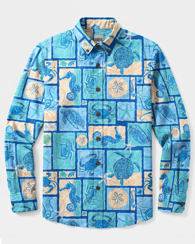 COASTAL SEA LIFE PATCHWORK LONG SLEEVE BUTTON-DOWN SHIRT - TYQY2108267