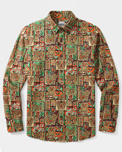 TRIBAL BULLDOG PAW PATCHWORK LONG SLEEVE BUTTON-DOWN SHIRT - TYQY17091611