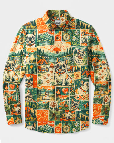 ADVENTURE FRENCH BULLDOG PATCHWORK LONG SLEEVE BUTTON-DOWN SHIRT - TYQY1809268