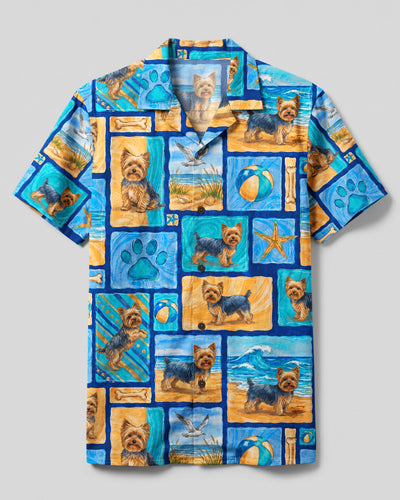 SURFER YORKSHIRE TERRIER DOG BEACH PATCHWORK CAMP SHIRT - TYQY2208268