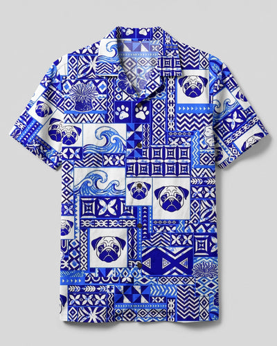 BLUE OCEANIC PUG DOG TRIBAL PATCHWORK CAMP SHIRT - TYQY2208265