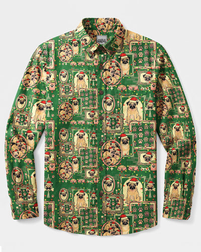 A HOLLY JOLLY PUG-MAS DOG CHRISTMAS LONG SLEEVE BUTTON-DOWN SHIRT - TYQY24082612