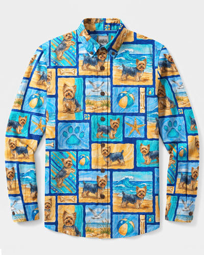 SURFER YORKSHIRE TERRIER DOG BEACH PATCHWORK LONG SLEEVE BUTTON-DOWN SHIRT - TYQY2208269