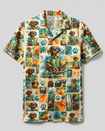 TROPICAL DACHSHUND DOG PARADISE PATCHWORK CAMP SHIRT - TYQY1408264