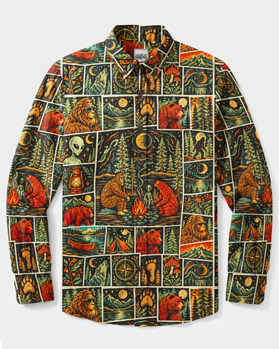 BIGFOOT ALIEN CAMPING PATCHWORK LONG SLEEVE BUTTON-DOWN SHIRT - TYQY2109267