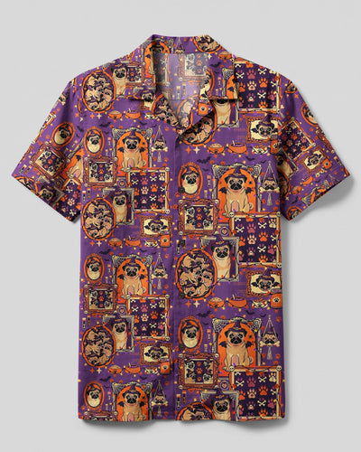 SPOOKY PURPLE PUG DOG HALLOWEEN PATCHWORK CAMP SHIRT - TYQY0409263