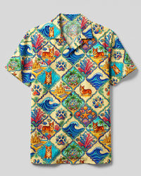 CORGI OCEAN BREEZE TILE DOG PATCHWORK CAMP SHIRT - TYQY2408262