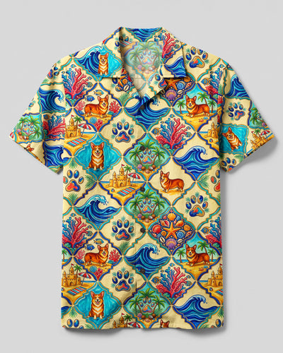 CORGI OCEAN BREEZE TILE DOG PATCHWORK CAMP SHIRT - TYQY2408262