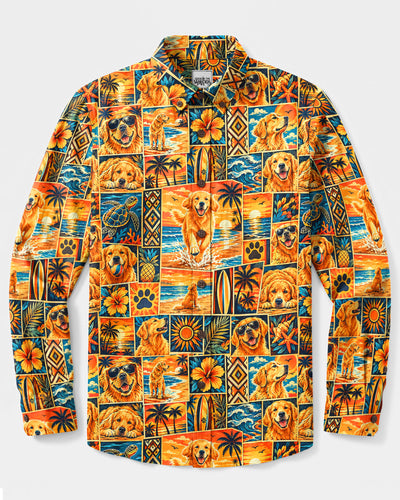 OCEAN GOLDEN RETRIEVER DOG PATCHWORK LONG SLEEVE BUTTON-DOWN SHIRT - TYQY3009263