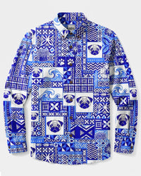 BLUE OCEANIC PUG DOG TRIBAL PATCHWORK LONG SLEEVE BUTTON-DOWN SHIRT - TYQY2208266