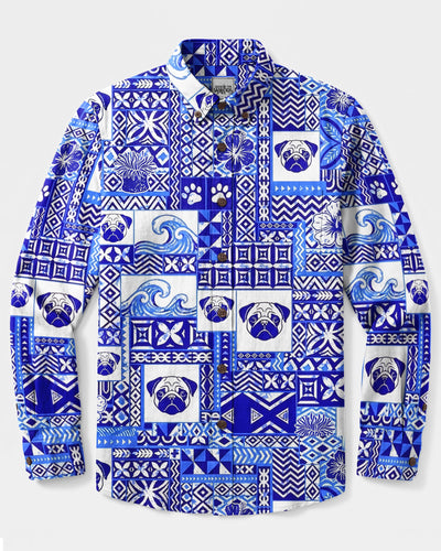 BLUE OCEANIC PUG DOG TRIBAL PATCHWORK LONG SLEEVE BUTTON-DOWN SHIRT - TYQY2208266