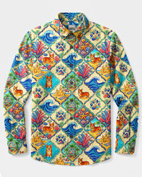 CORGI OCEAN BREEZE TILE DOG PATCHWORK LONG SLEEVE BUTTON-DOWN SHIRT - TYQY2408263