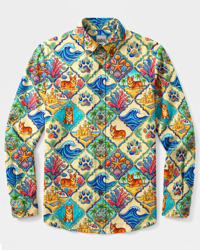 CORGI OCEAN BREEZE TILE DOG PATCHWORK LONG SLEEVE BUTTON-DOWN SHIRT - TYQY2408263