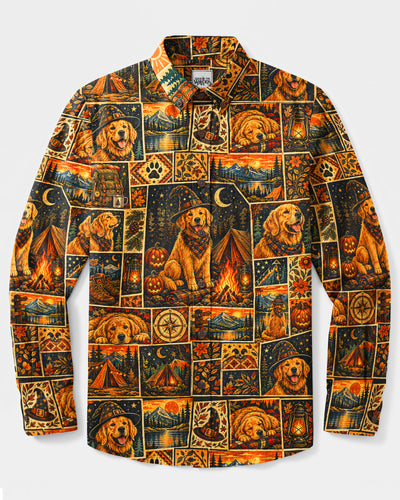 HALLOWEEN WITCHY GOLDEN RETRIEVER DOG PATCHWORK LONG SLEEVE BUTTON-DOWN SHIRT - TYQY18092612