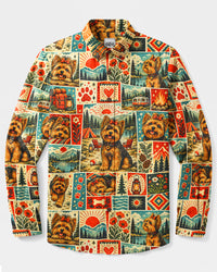 WILDERNESS YORKSHIRE TERRIER DOG PATCHWORK LONG SLEEVE BUTTON-DOWN SHIRT - TYQY1909264