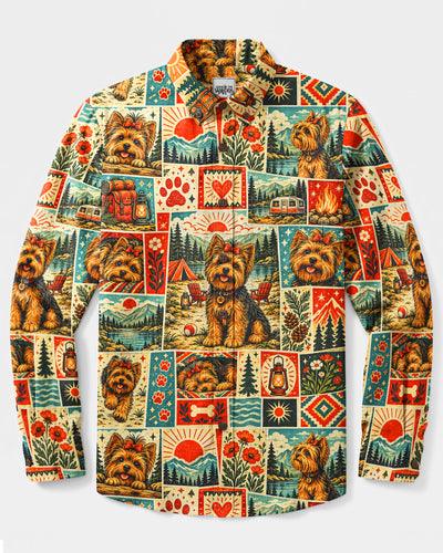 WILDERNESS YORKSHIRE TERRIER DOG PATCHWORK LONG SLEEVE BUTTON-DOWN SHIRT - TYQY1909264