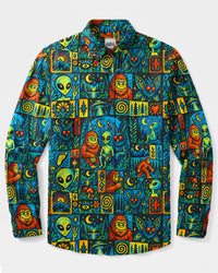CRYPTID FRIENDS PATCHWORK LONG SLEEVE BUTTON-DOWN SHIRT - TYQY23092611