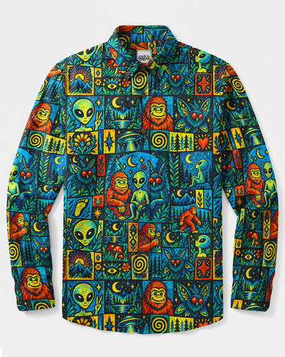 CRYPTID FRIENDS PATCHWORK LONG SLEEVE BUTTON-DOWN SHIRT - TYQY23092611